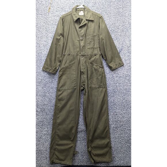 VTG US Military Cotton Sateen Coveralls Mens S Distressed Paint Splatter Green - Picture 1 of 14